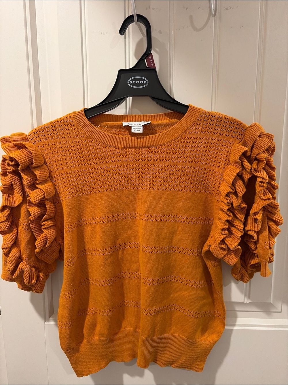 Calligraphie Mustard Yellow Ruffle Short Sleeve Knit Sweater Top M